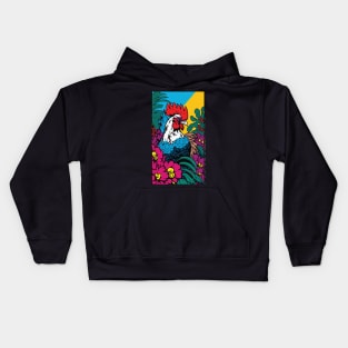 Chicken Rooster Vibrant Tropical Flower Tall Retro Vintage Digital Pop Art Portrait Kids Hoodie